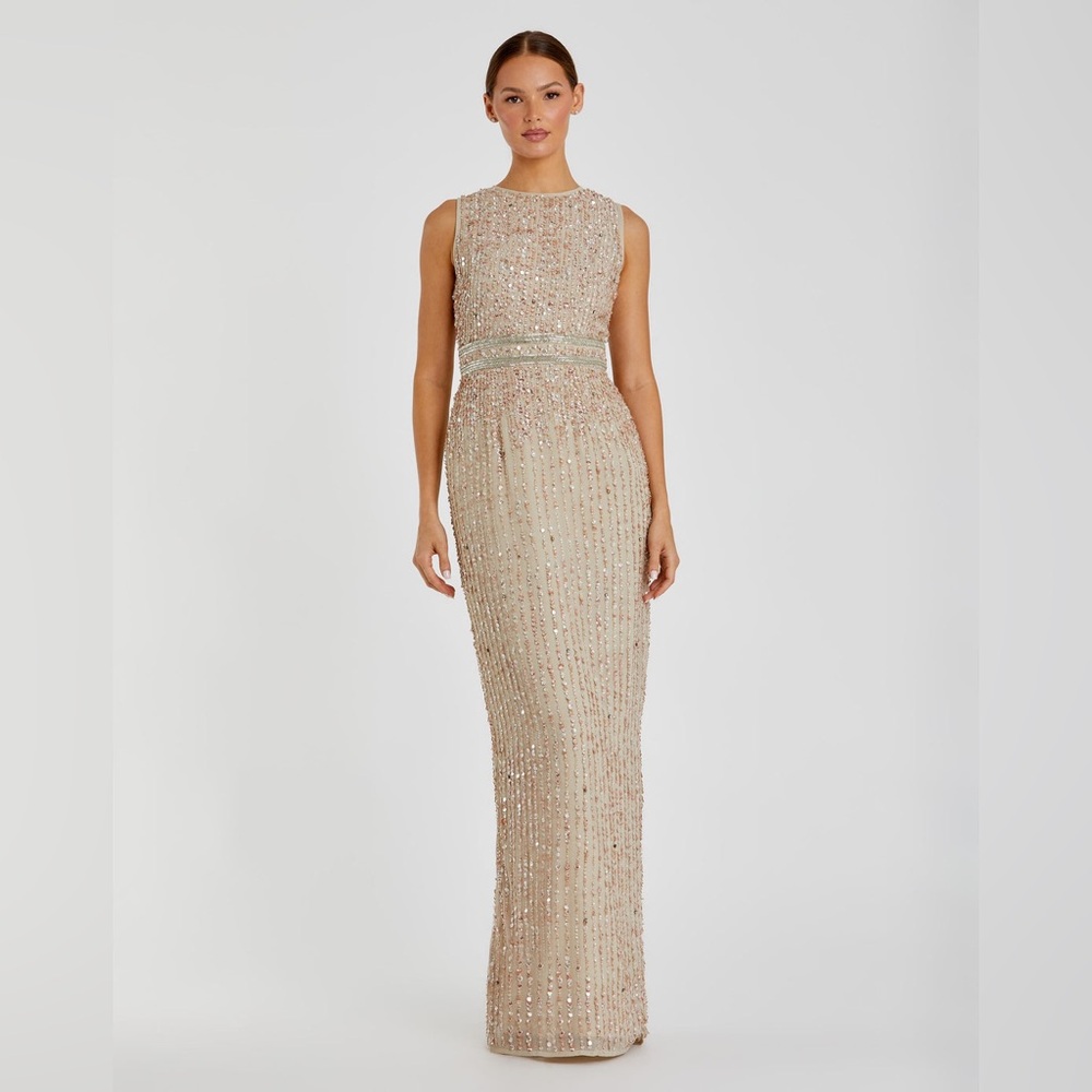MAC DUGGAL Beige Sequined High Neck Sleeveless Column Gown Size 8